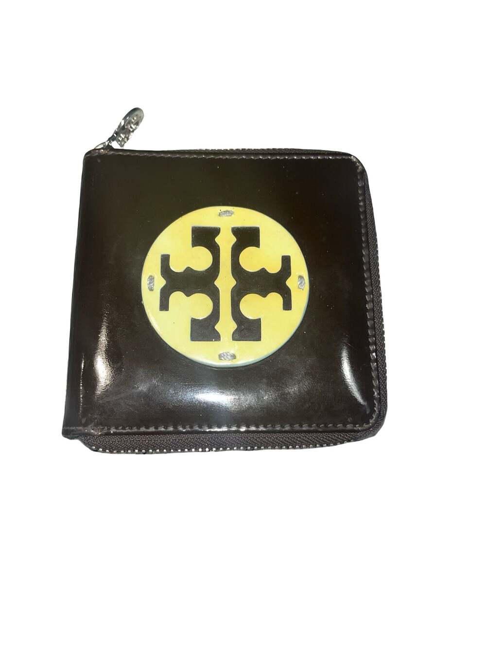 Tory Burch Brown Patent Leather Small Zip-Around Wallet with Large Logo